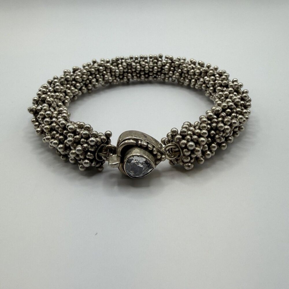 Vintage Sterling Silver Beaded Bracelet CZ Box Clasp 7.5in 62.6g